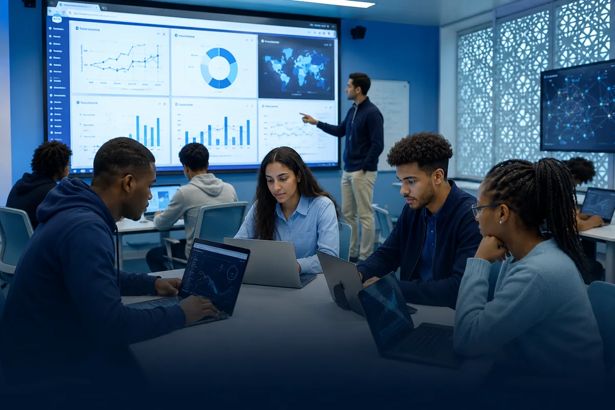 Étudiants en formation Big Data et Analyse de Données devant des tableaux de bord à EEMCI