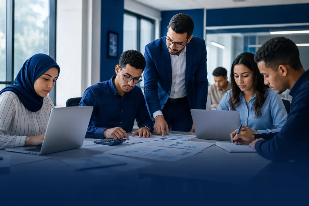 Étudiants en formation Comptabilité analysant des documents financiers et des tableaux à EEMCI