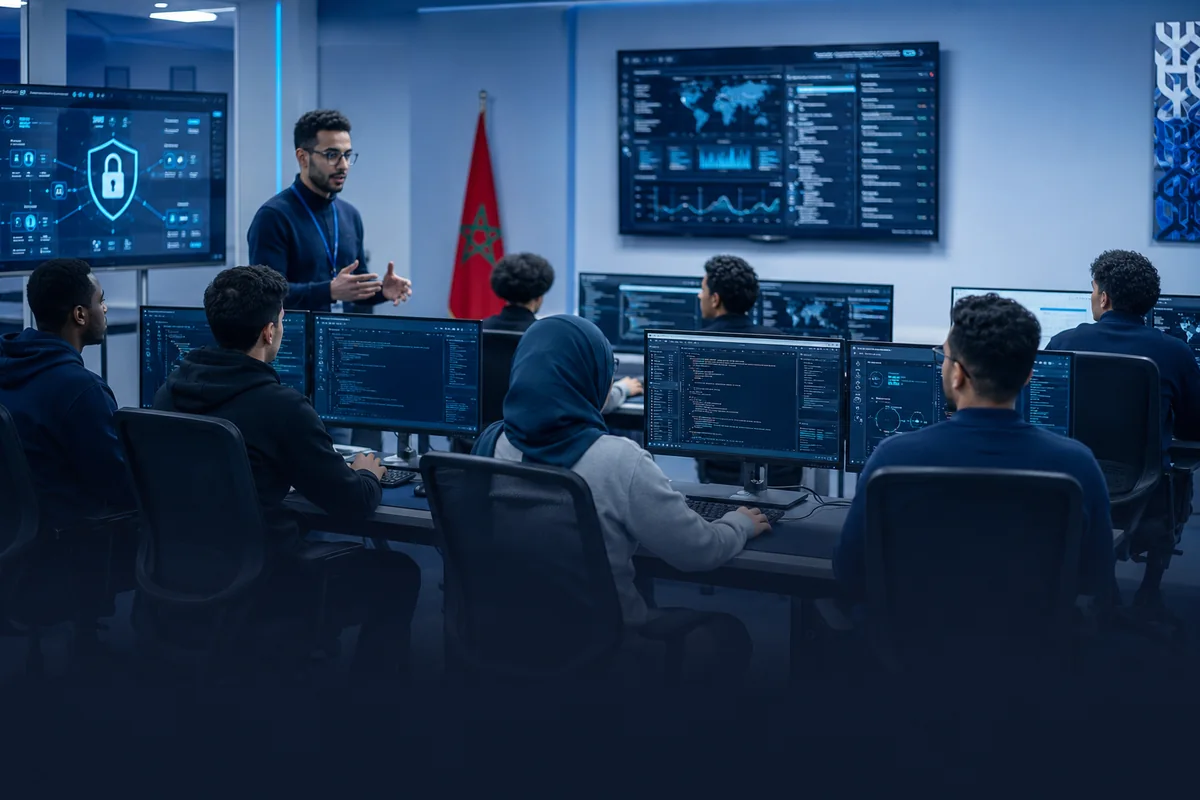 Étudiants en formation Cybersécurité dans un laboratoire de sécurité informatique à EEMCI