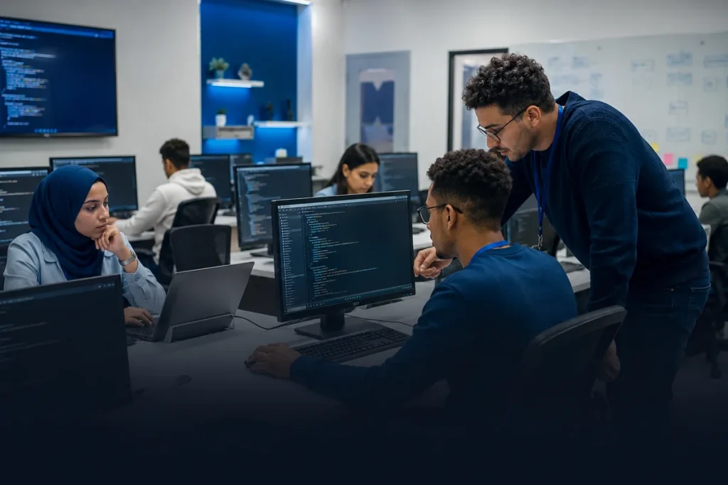 Étudiants en formation Développement Informatique dans une salle moderne de programmation à EEMCI