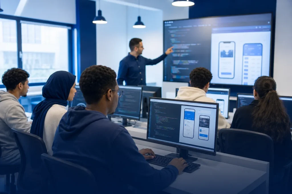 Étudiants en formation Développement Web et Applications dans une salle informatique à EEMCI