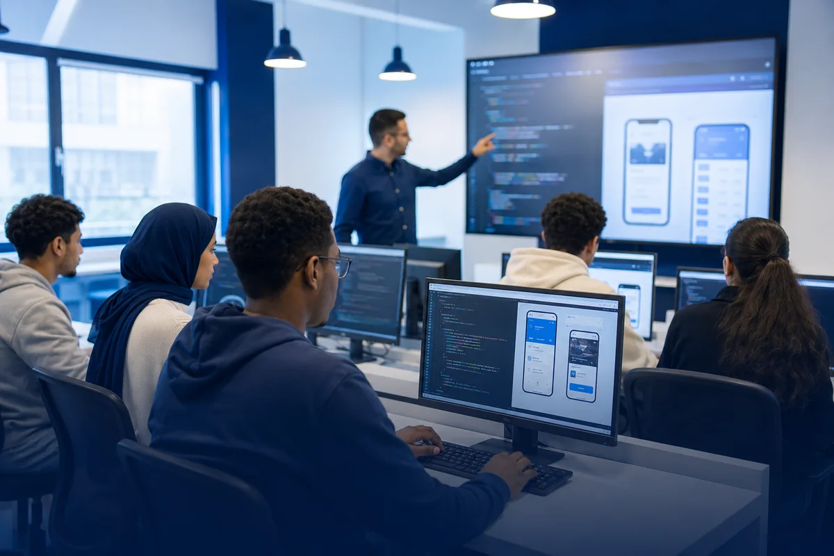 Étudiants en formation Développement Web et Applications dans une salle informatique à EEMCI
