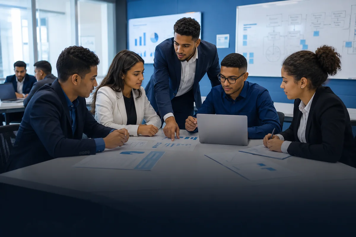 Étudiants en formation Gestion des Entreprises travaillant sur un plan de gestion à EEMCI
