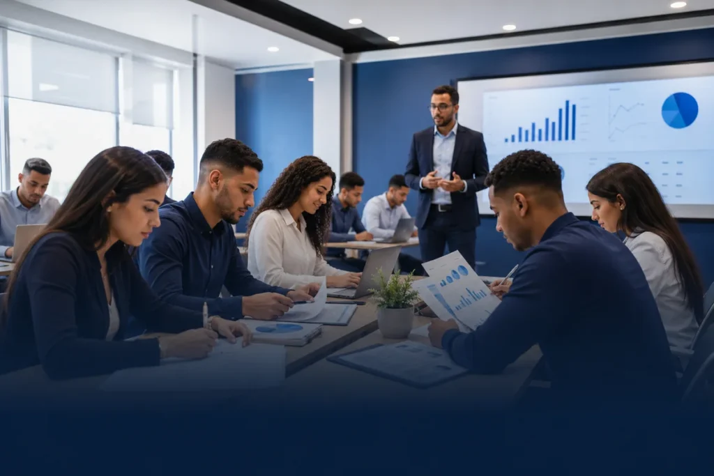 Étudiants en formation Gestion Financière et Comptable analysant des rapports à EEMCI