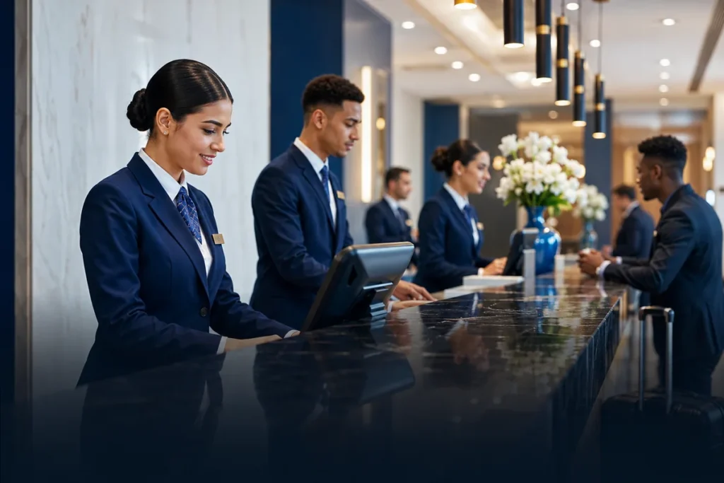 Étudiants en formation Gestion Hôtelière dans la réception d’un hôtel moderne à EEMCI