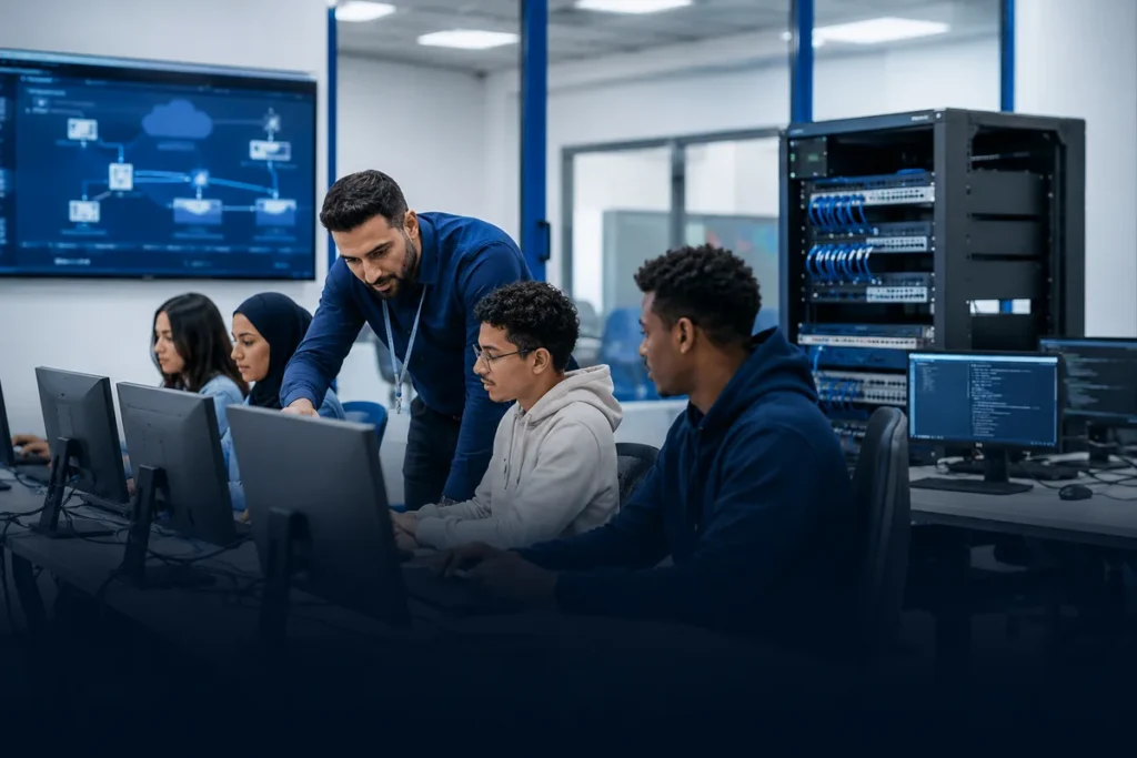 Étudiants en formation Infrastructure Digitale dans un laboratoire informatique à EEMCI