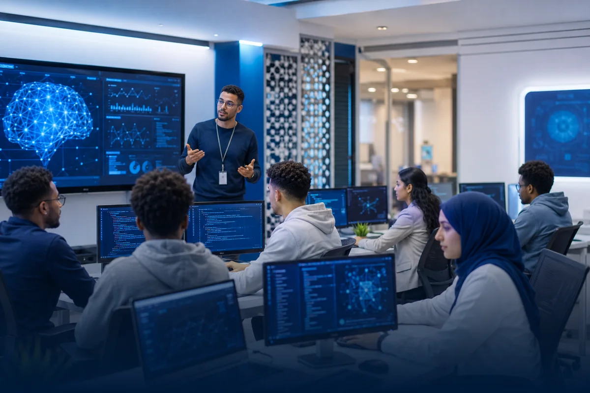 Étudiants en formation Intelligence Artificielle dans un laboratoire informatique moderne à EEMCI