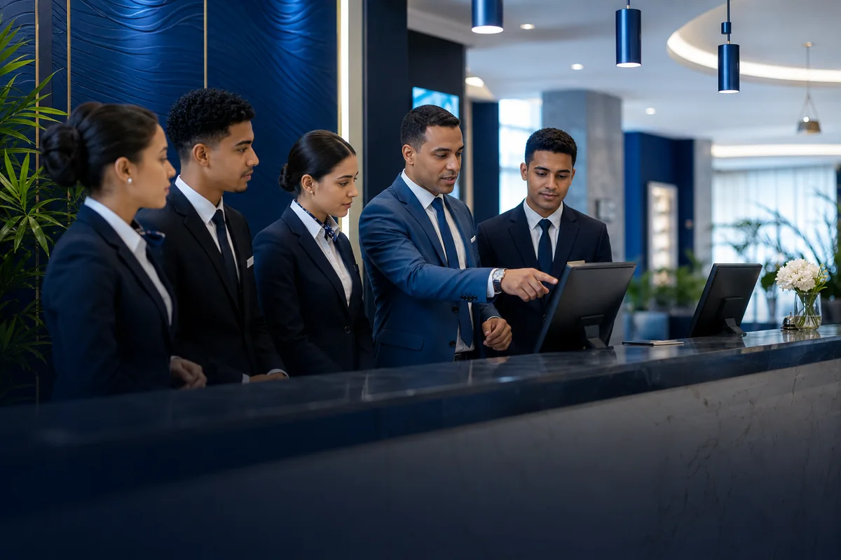 Étudiants en formation Réception d’Hôtel utilisant les outils d’accueil et de réservation à EEMCI